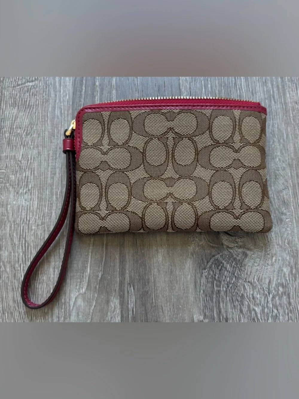 NWOT Coach Brown Signature Canvas Wristlet with Red Trim